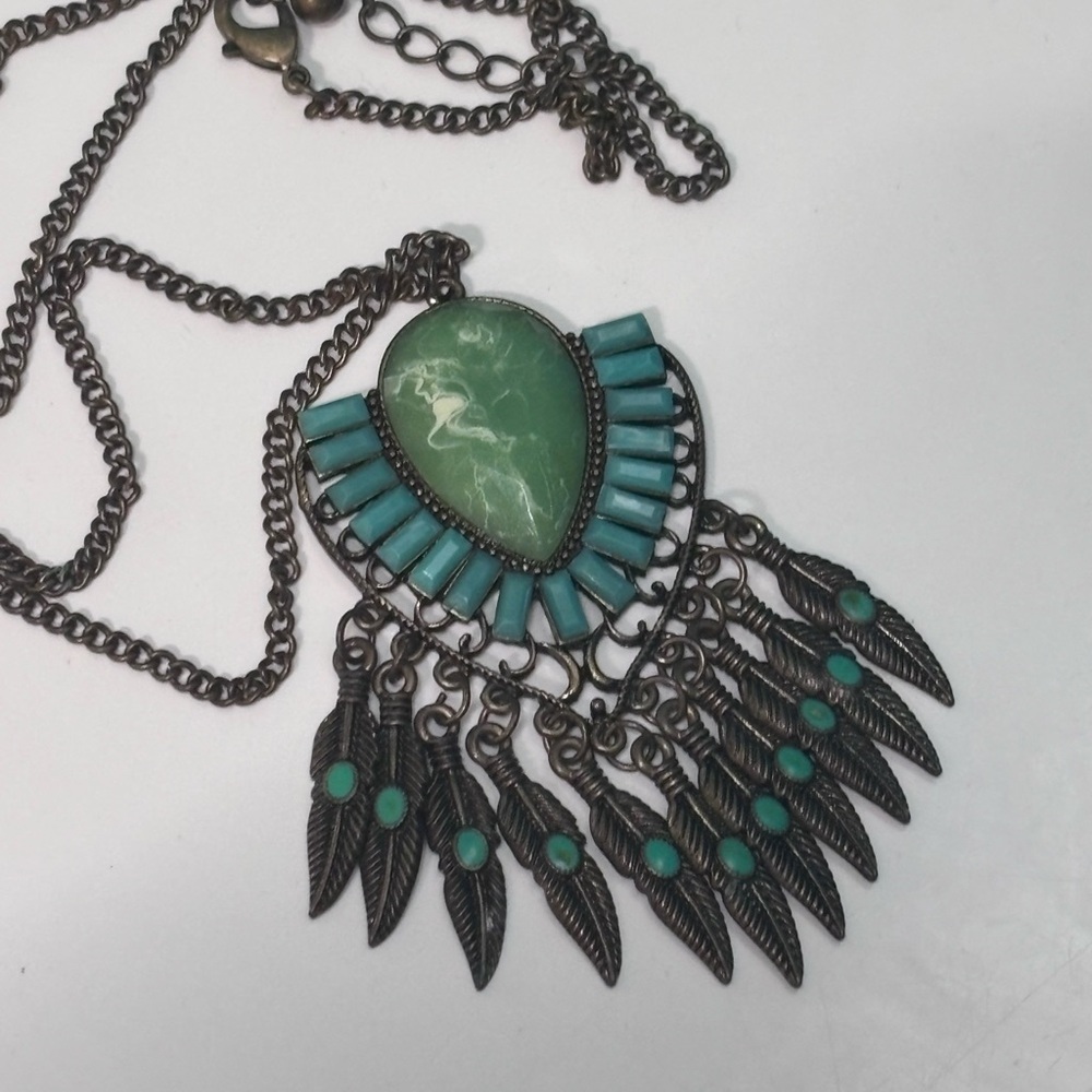 Bohemian Antiqued Gold/ Turquoise Green Pendant Necklace
